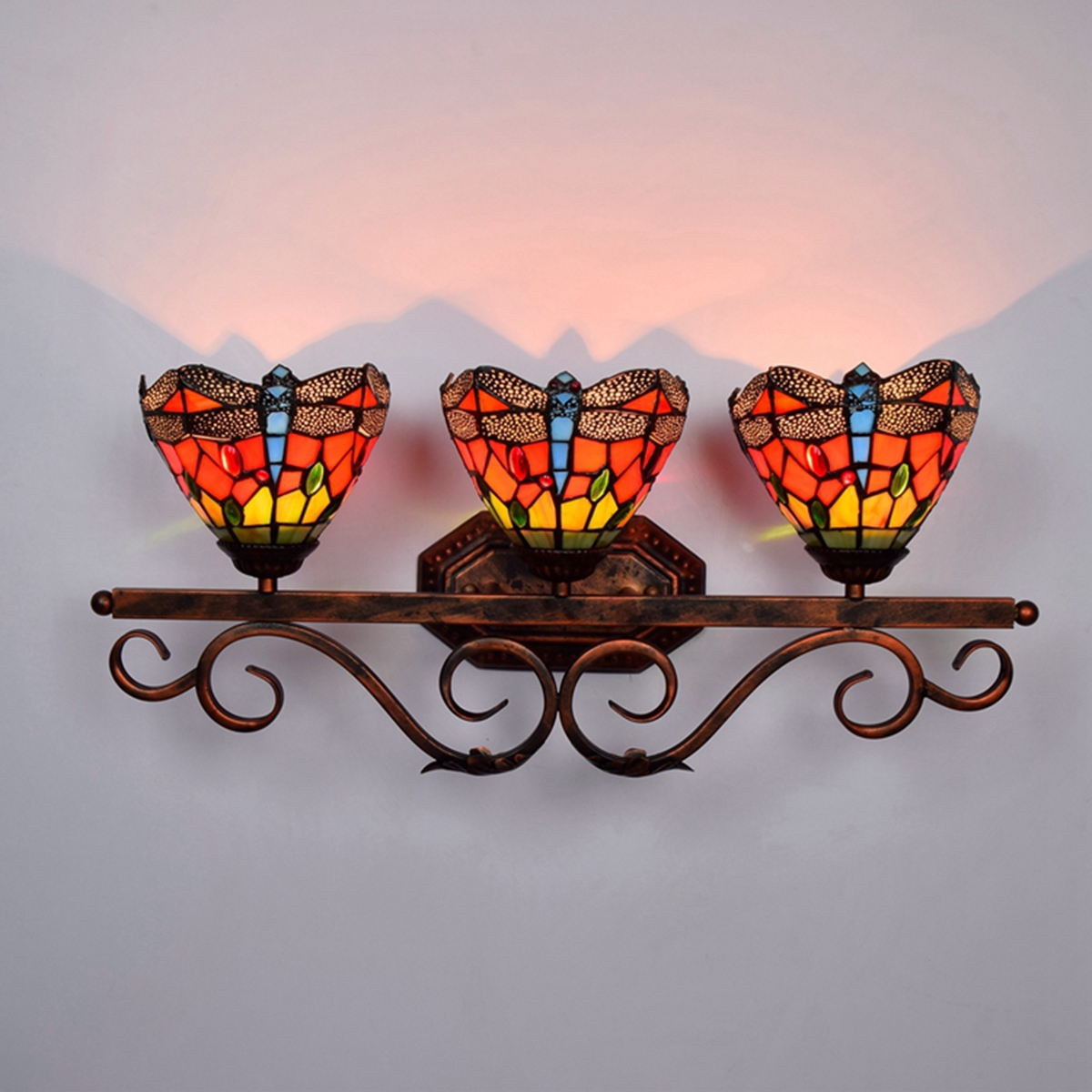 Blivuself Tiffany European Vintage Style Stained Glass 6-Inch Red Background Blue Dragonfly Handmade Glass Lamp Shade Suitable For Dining Room Bedroom Bedside Wall Lamp Home Decoration Light Luxury Style Living Room Background Wall Passage Wall Lamp 6-Inch Red Dragonfly - Three Heads Red Bronze Wall Lamp OFW1063