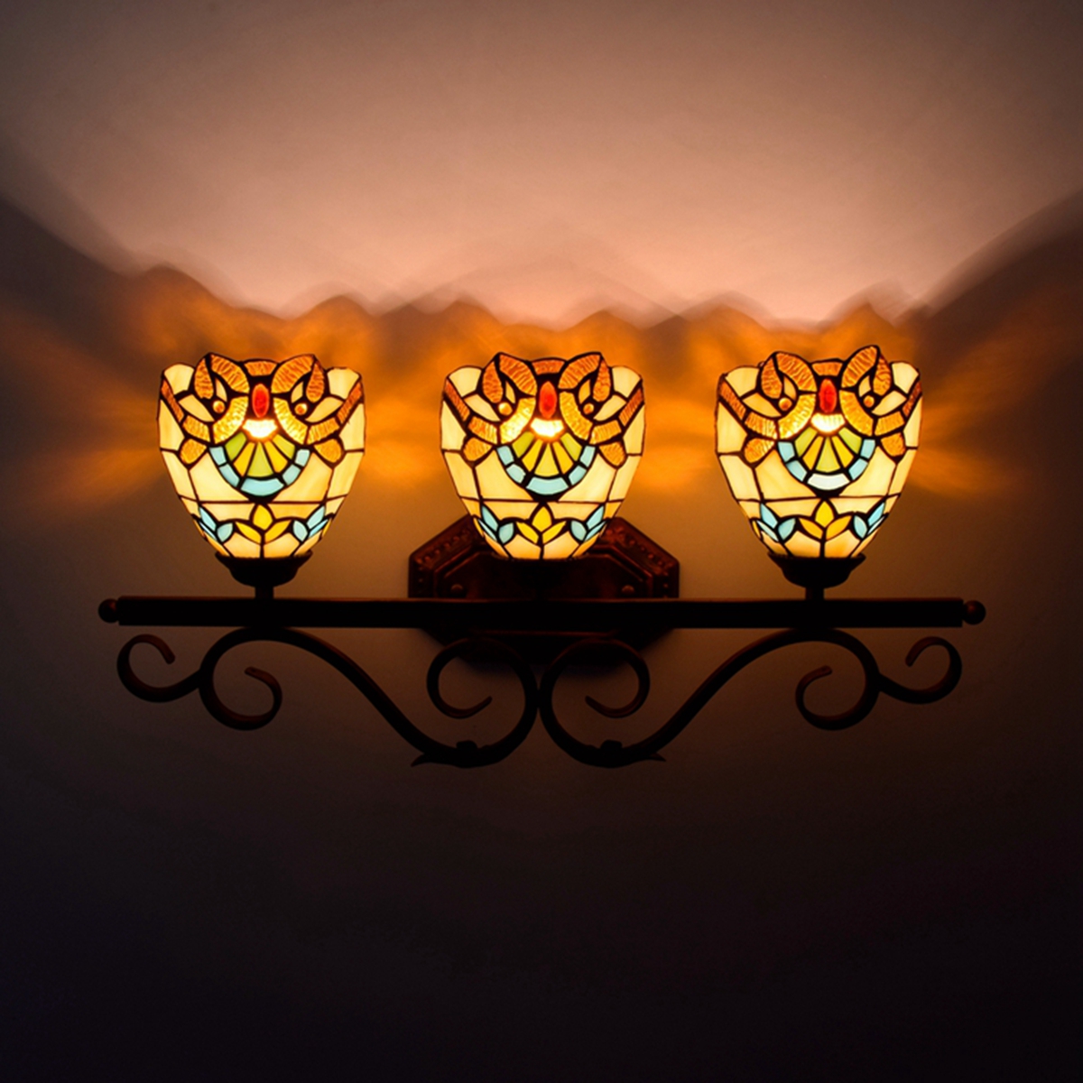 Blivuself Tiffany European Vintage Style Stained Glass 6-Inch Yellow Baroque Handmade Glass Lamp Shade For Dining Room Bedroom Bedside Wall Lamp Home Decoration Light Luxury Style Living Room Background Wall Passage Wall Lamp 6-Inch Baroque - Three Head Red Bronze Wall Lamp OFW1064