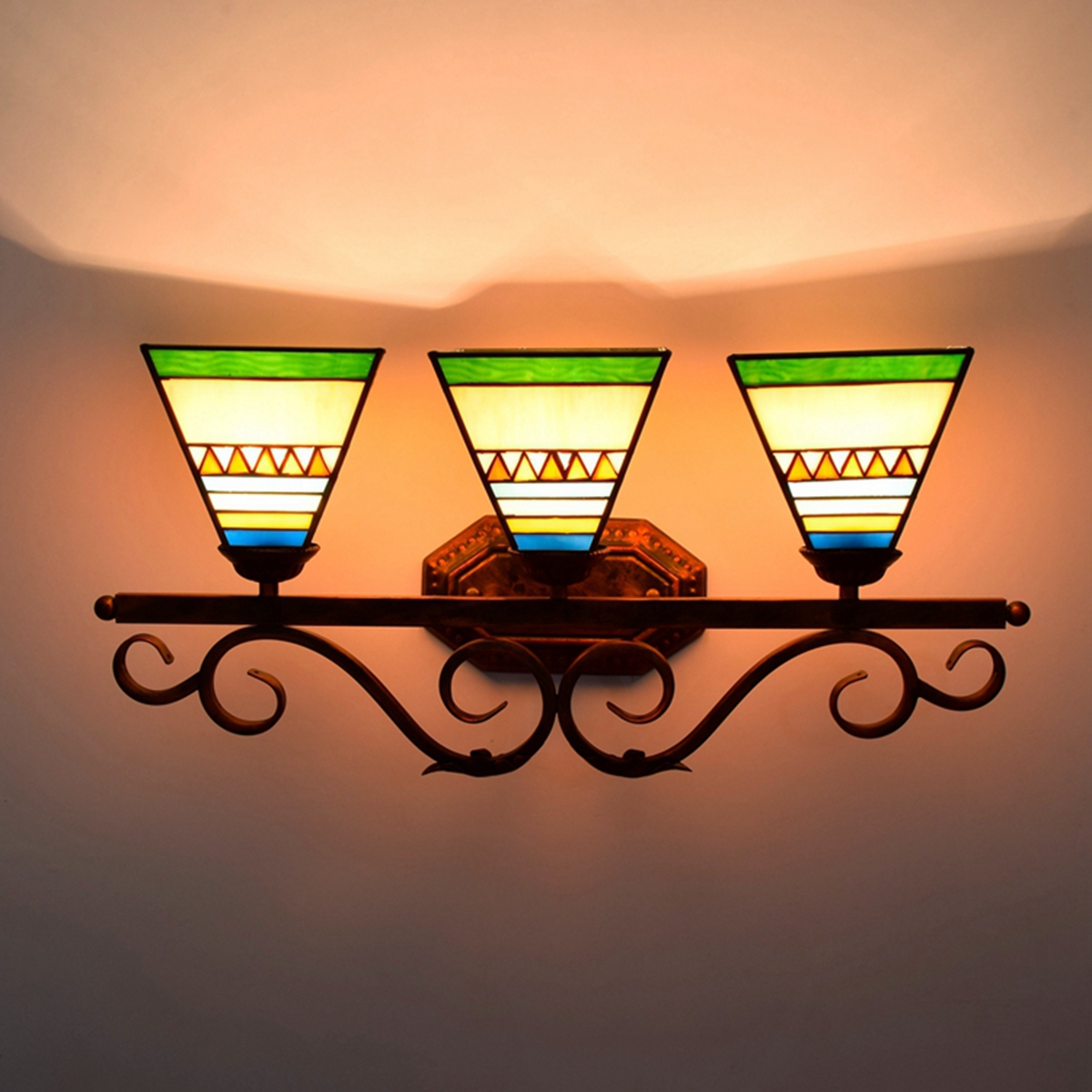 Blivuself Tiffany European Vintage Style Stained Glass 6-Inch Yellow Pyramid Handmade Glass Lamp Shade Suitable For Dining Room Bedroom Bed Wall Lamp Home Decoration Light Luxury Style Living Room Background Wall Passage Wall Lamp 6-Inch Pyramid - Three Head Red Bronze Wall Lamp OFW1065