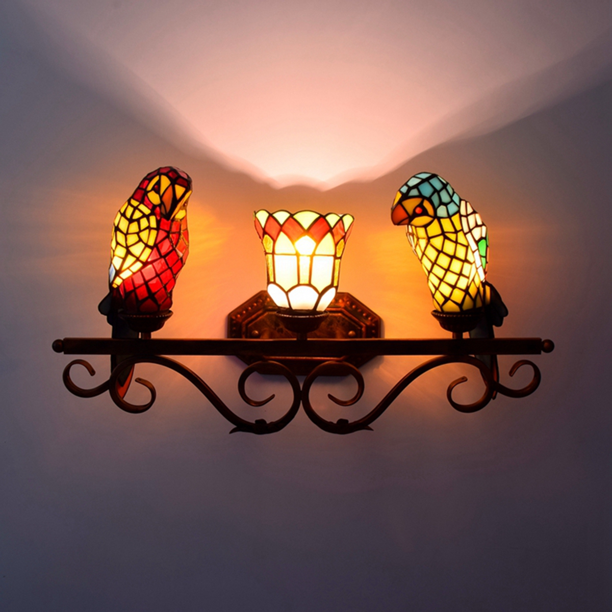 Blivuself Tiffany European Vintage Style Stained Glass Red Yellow Parrot Handmade Lampshade Suitable For Dining Room Bedroom Bedside Wall Lamp Home Decoration Light Luxury Style Living Room Background Wall Passage Wall Lamp Red Yellow Parrot - Three Red Bronze Wall Lamp OFW1066
