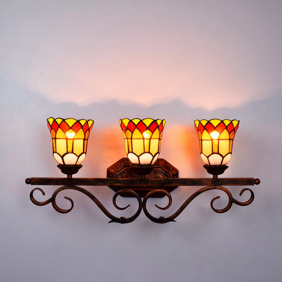 Blivuself Tiffany European Vintage Style Stained Glass 4 Inch Flowers  Edge Handmade Lampshade Suitable For Dining Room Bedroom Bedside Wall Lamp Home Decoration Light Luxury Style Living Room Background Wall Passage Wall Lamp 4 Inch Flowers  Edge - Three Head Red Bronze Wall Lamp OFW1067