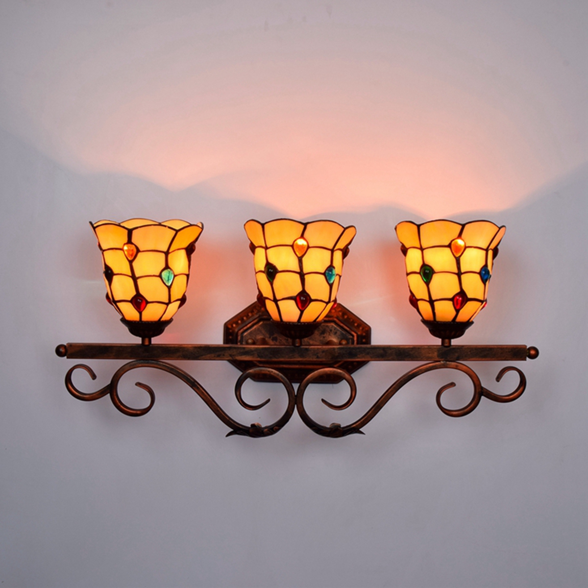 Blivuself Tiffany European Vintage Style Stained Glass 6-Inch Yellow Bottom Colored Beads Pure Handmade Glass Lamp Shade Suitable For Dining Room Bedroom Bed Wall Lamp Home Decoration Light Luxury Style Living Room Background Wall Channel Wall Lamp 6-Inch Colored Beads - Three Head Red Bronze Wall Lamp OFW1069