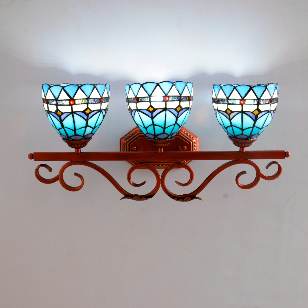 Blivuself Tiffany European Vintage Style Stained Glass 6-Inch Blue Feather Pure Hand-Made Glass Lamp Shade Suitable For Dining Room Bedroom Bed Wall Lamp Home Decoration Light Luxury Style Living Room Background Wall Passage Wall Lamp 6-Inch Mediterranean Sea - Three Red Bronze Wall Lamp - Feather OFW1074