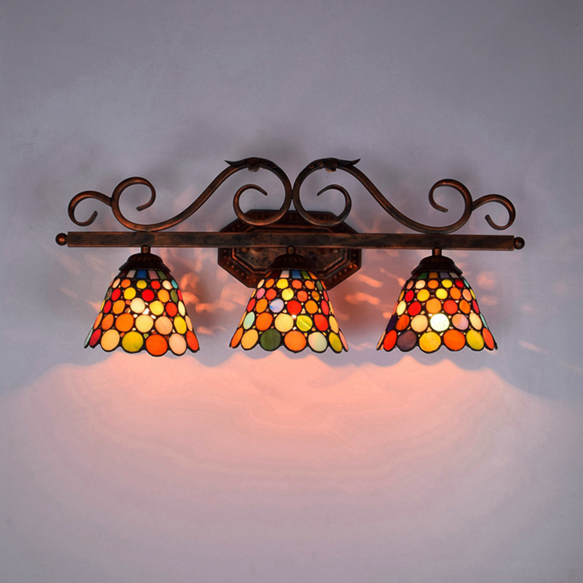 Blivuself Tiffany European Vintage Style Stained Glass 6-Inch Red Round Sheet Pure Handmade Glass Lamp Shade Suitable For Dining Room Bedroom Bed Wall Lamp Home Decoration Light Luxury Style Living Room Background Wall Passage Wall Lamp 6-Inch Color Round Sheet - Three Head Red Bronze Wall Lamp OFW1076