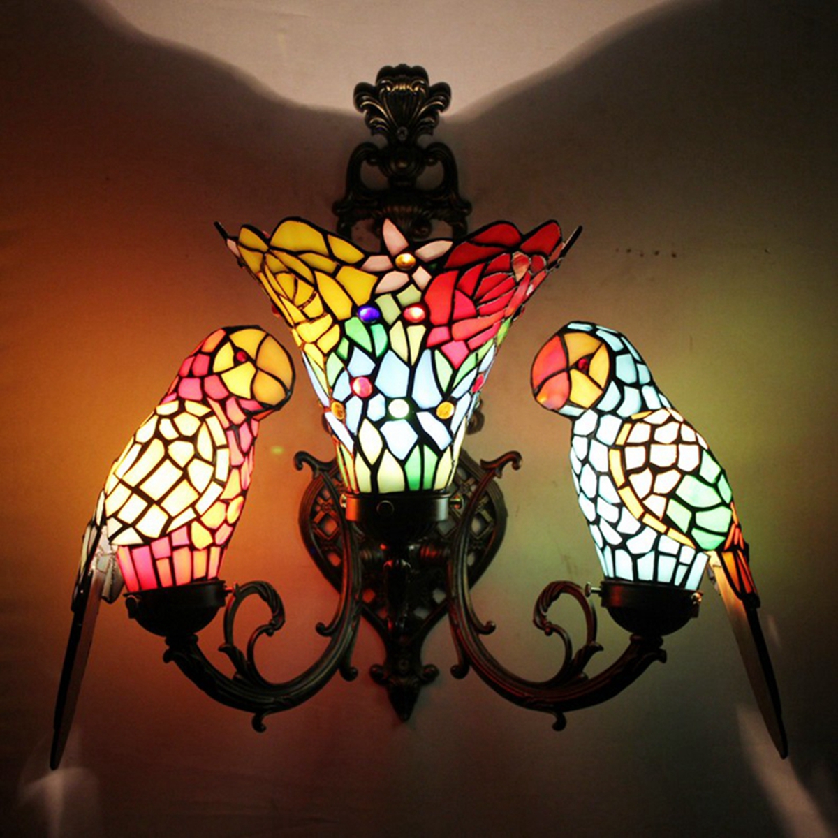 Blivuself Tiffany European Vintage Style Stained Glass 6-Inch Horn Rose Parrot Pure Handmade Glass Lamp Shade Suitable For Dining Room Bedroom Bedside Wall Lamp Home Decoration Light Luxury Style Living Room Background Wall Passage Wall Lamp Horn Rose Parrot - Three Head Wave Wall Lamp OFW1077