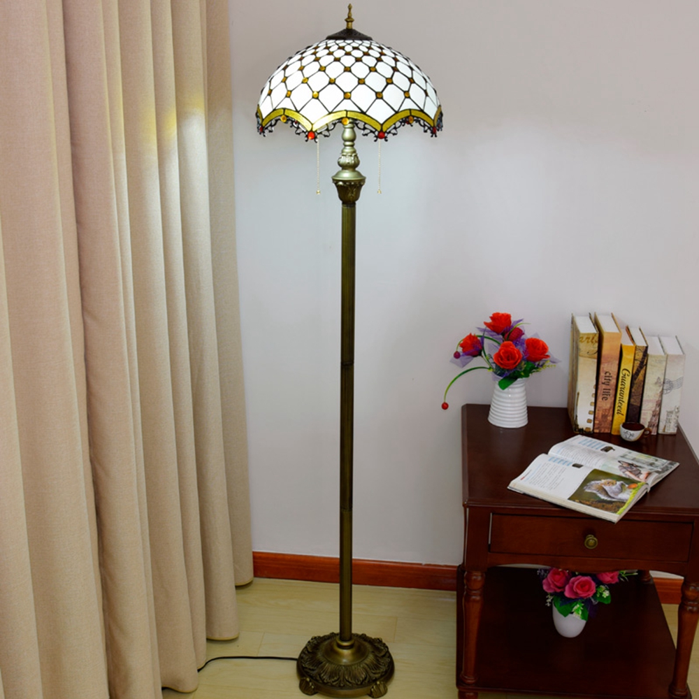 Blivuself Tiffany European Retro Style 16 Inch Brown Cross Bead Pure Handmade Stained Glass Lampshade Floor Lamp Vertical Zipper Adjustable Light Reading Lamp Bronze Antique Lamp Pole Light Luxury Art Home Decoration Suitable For Bedroom Living Room Office Study Corridor Cafe 16 Inch Brown Cross Bead -four corner bronze floor lampOFRF1001