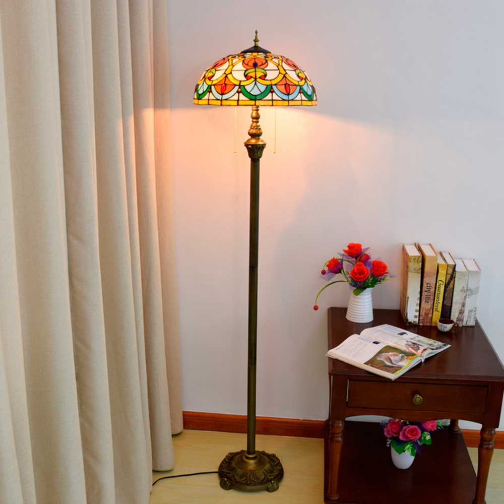 Blivuself Tiffany European Vintage Style 16-Inch Orange Peach Heart Beads Pure Hand-Made Stained Glass Lamp Shade Floor Lamp Vertical Zipper Adjustable Light Reading Light Bronze Antique Light Pole Light Luxury Art Home Decoration For Bedroom Living Room Office Study Corridor Cafe 16-Inch Peach Heart Beads - Four Corner Bronze Floor Lamp OFRF1005