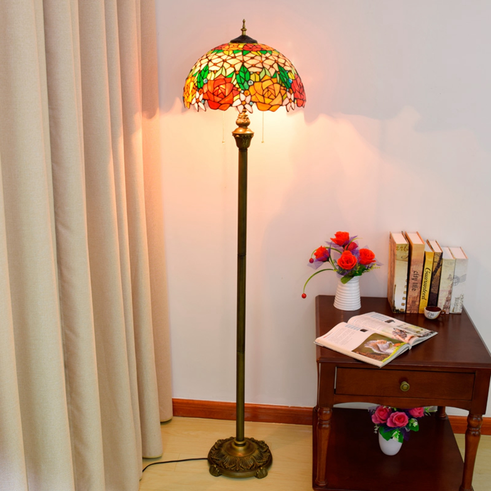 Blivuself Tiffany European Retro Style 16 Inches Red Orange Gorgeous Rose Pure Hand-Made Stained Glass Lamp Shade Floor Lamp Vertical Zip-Up Adjustable Light Reading Light Bronze Antique Light Pole Light Luxury Art Home Decoration For Bedroom Living Room Office Study Corridor Cafe 16 Inches Gorgeous Rose - Four-Leg Bronze Floor Lamp OFRF1010