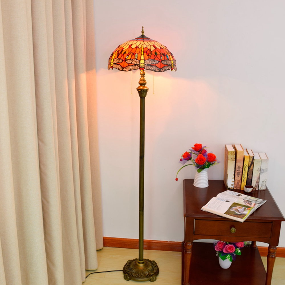 Blivuself Tiffany European Vintage style 16  Inch Red Dragonfly pure hand-made stained glass lamp shade floor lamp vertical zip adjustable light reading light Bronze antique light pole Light luxury art home decoration for bedroom living room office study corridor cafe 16" red Dragonfly - four-leg bronze floor lamp OFRF1017