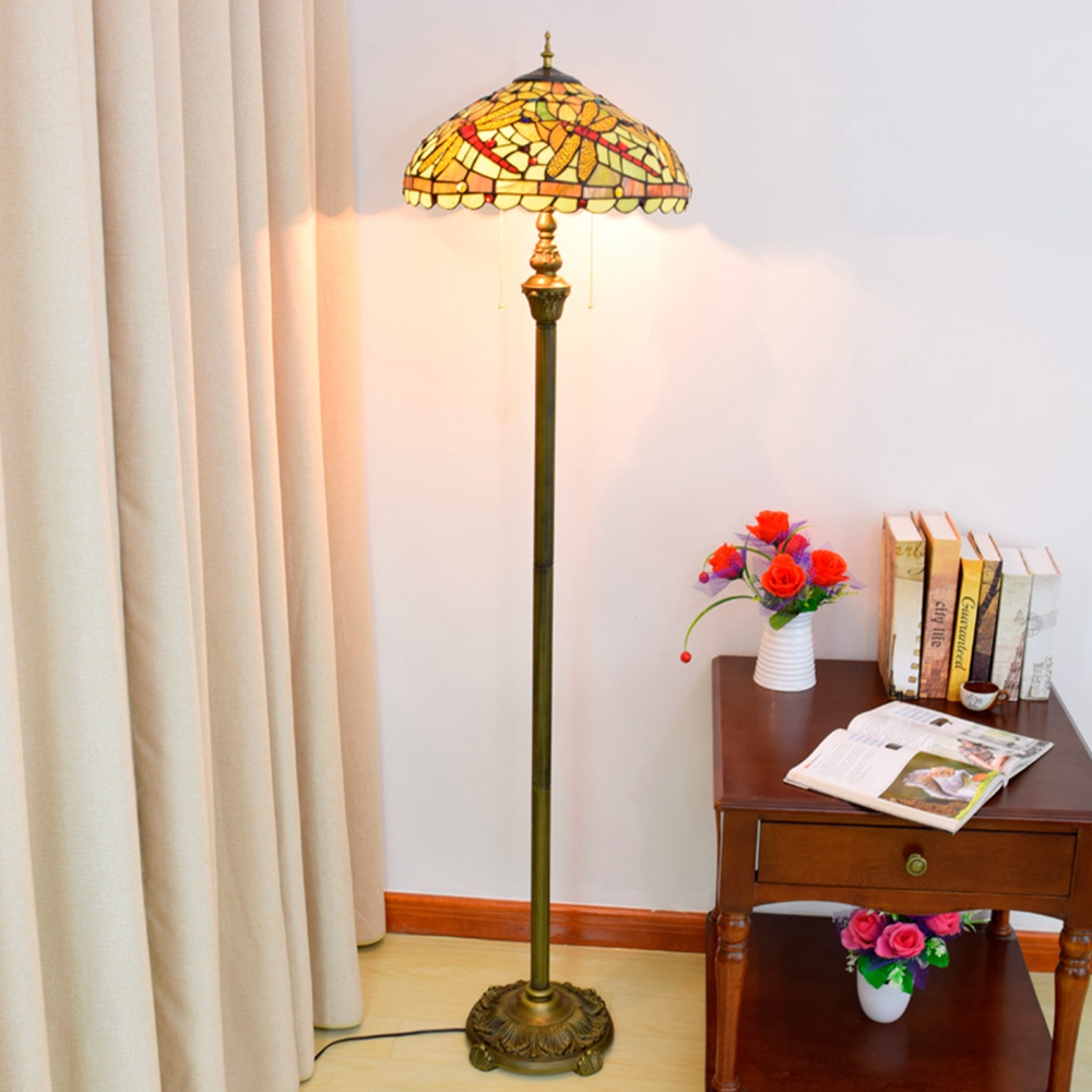 Blivuself Tiffany European Retro Style 16 Inch Green Dragonfly Pure Hand-Made Stained Glass Lampshade Floor Lamp Vertical Zip Adjustable Light Reading Light Bronze Antique Light Pole Light Luxury Art Home Decoration Suitable For Bedroom Living Room Office Study Corridor Cafe 16 Inch Green Dragonfly - Four-Leg Bronze Floor Lamp OFRF1021