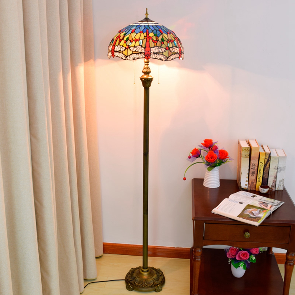 Blivuself Tiffany European Vintage Style 16 Inch Blue Dragonfly Pure Hand-Made Stained Glass Lamp Shade Floor Lamp Vertical Zipper Adjustable Light Reading Light Bronze Antique Light Pole Light Luxury Art Home Decoration Suitable For Bedroom Guests Hall Office Study Corridor Cafe 16-Inch Blue Bottom Dragonfly - Four-Legged Bronze Floor Lamp OFRF1013