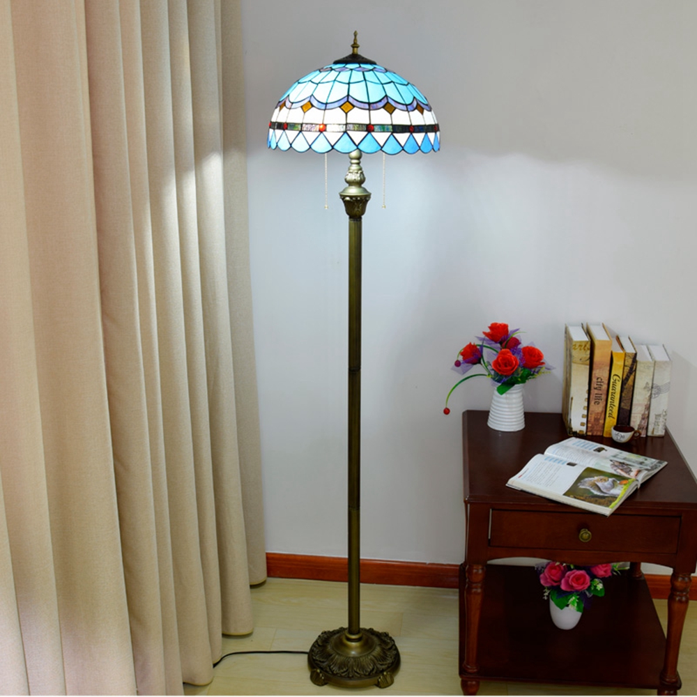 Blivuself Tiffany European Retro Style 16 Inch Blue Feather Pure Handmade Stained Glass Lamp Shade Floor Lamp Vertical Zipper Adjustable Light Reading Light Bronze Antique Light Pole Light Luxury Art Home Decoration For Bedroom Living Room Office Study Corridor Cafe 16" Mediterranean - Four Foot Bronze Floor Lamp - Feather OFRF1009