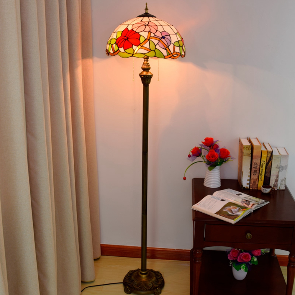 Blivuself Tiffany  European Vintage Style 16-Inch Pink Purple Red Three Color Flower Morning Glory Pure Hand-Made Stained Glass Lamp Shade Floor Lamp Vertical Zip-Up Adjustable Light Reading Light Bronze Antique Light Pole Light Luxury Art Home Decoration For Bedroom Living Room Office Study Corridor Coffee Shop 16-Inch Morning Glory - Four-Foot Bronze Floor Lamp - Three Color Flower OFRF1004