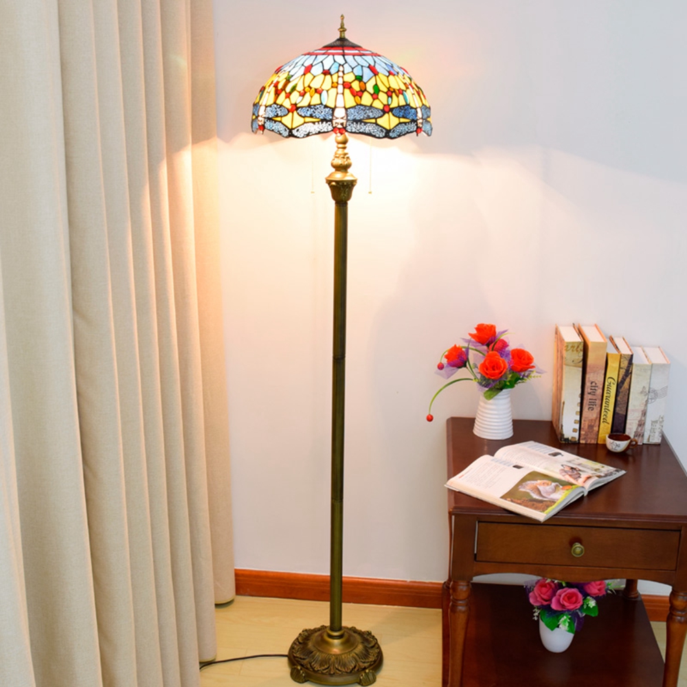 Blivuself Tiffany European Retro Style 16 Inch Blue Bottom Yellow Dragonfly Pure Handmade Stained Glass Lamp Shade Floor Lamp Vertical Zip Adjustable Light Reading Light Bronze Antique Light Pole Light Luxury Art Home Decoration For Bedroom Living Room Office Study Corridor Cafe 16 Inch Yellow Bottom Dragonfly - Four-Leg Bronze Floor Lamp OFRF1006