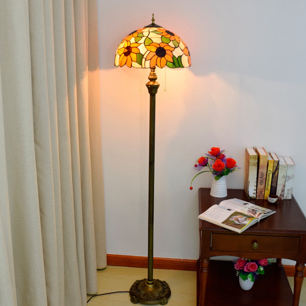 Blivuself Tiffany  European-Style Retro 16-Inch White Orange Sunflower Pure Hand-Made Stained Glass Lamp Shade Vertical Zip-Up Adjustable Light Reading Light Bronze Antique Light Pole Light Luxury Art Home Decoration For Bedroom Living Room Office Study Corridor Cafe 16-Inch White Sunflower - Four-Leg Bronze Floor Lamp OFRF1007