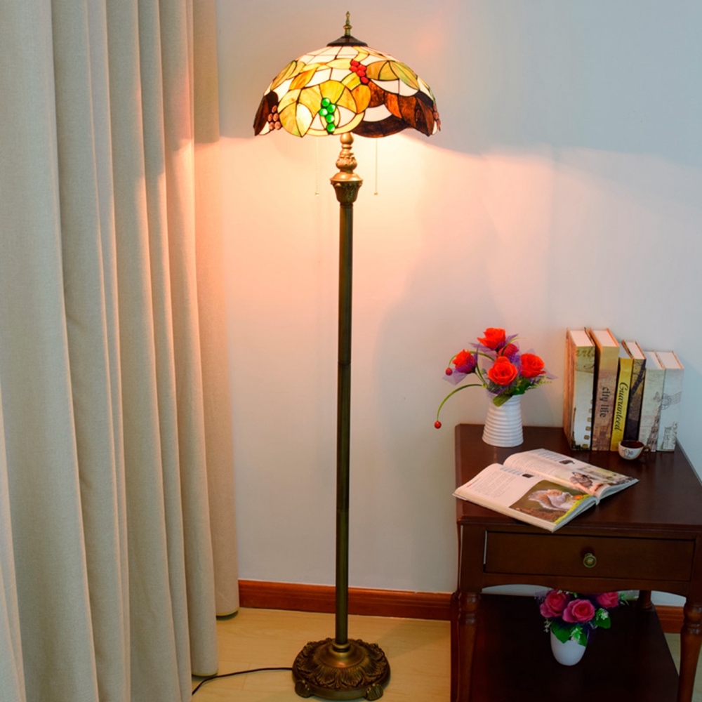 Blivuself Tiffany European Vintage Style 16 Inch Green Leaf Grapes Pure Handmade Stained Glass Lamp Shade Floor Lamp Vertical Zip Adjustable Light Reading Light Bronze Antique Light Pole Light Luxury Art Home Decoration Suitable For Bedroom Living Room Office Study Corridor Cafe 16 Inch Brown Grapes - Four-Leg Bronze Floor Lamp OFRF1003