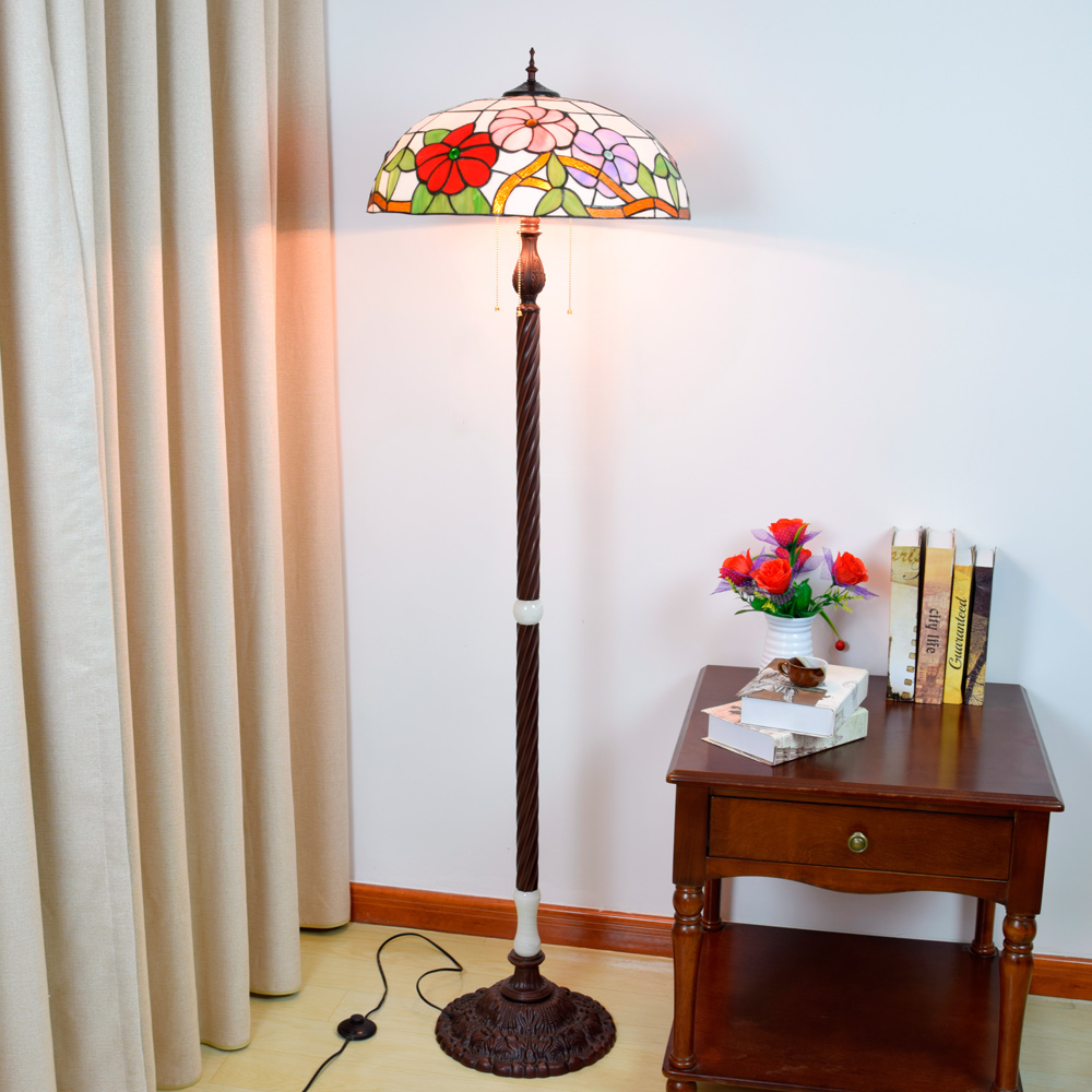 Blivuself Tiffany  European Vintage Style 20 Inches Pink Purple Red Three Color Flower Morning Glory Pure Hand-Made Stained Glass Lamp Shade Floor Lamp Vertical Zips Adjustable Light Reading Light Antique Light Pole Light Luxury Art Home Decoration For Bedroom Living Room Office Study Corridor Cafe 20 Inches Morning Glory - Cast Iron Jade Floor Lamp - Three Color Flower OFIF1006
