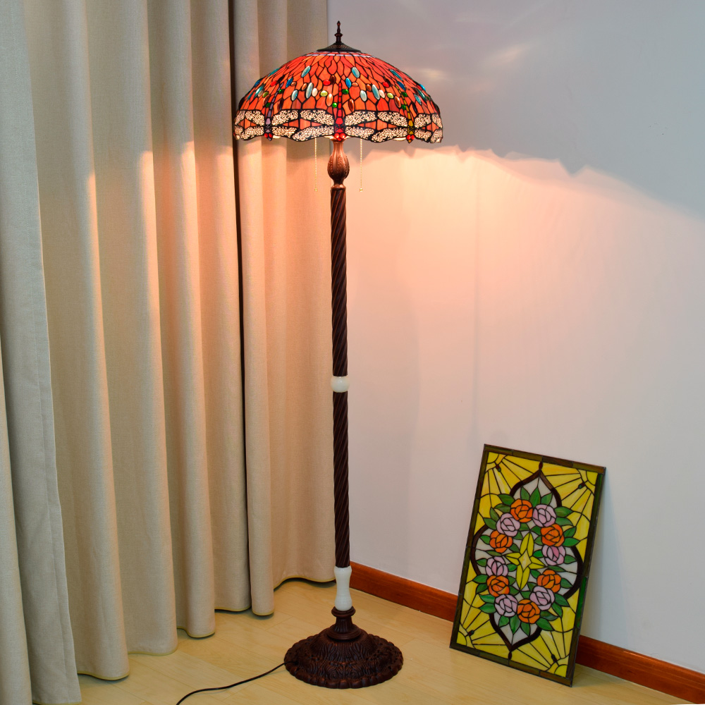 Blivuself Tiffany European Vintage Style 20-Inch Red Dragonfly Pure Hand-Made Stained Glass Lamp Shade Floor Lamp Vertical Zip Adjustable Light Reading Light Antique Light Pole Light Luxury Art Home Decoration Suitable For Bedroom Living Room Office Study Corridor Cafe 20-Inch Red Dragonfly - Cast Iron Jade Floor Lamp OFIF1011