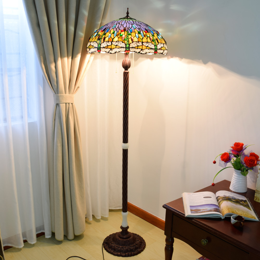 Blivuself Tiffany European Vintage Style 20-Inch Green Beaded Dragonfly Pure Hand-Made Stained Glass Lamp Shade Floor Lamp Vertical Zip Adjustable Light Reading Light Antique Light Pole Light Luxury Art Home Decoration Suitable For Bedroom Living Room Office Study Corridor Coffee Shop 20-Inch Beaded Dragonfly - Cast Iron Jade Floor Lamp OFIF1012