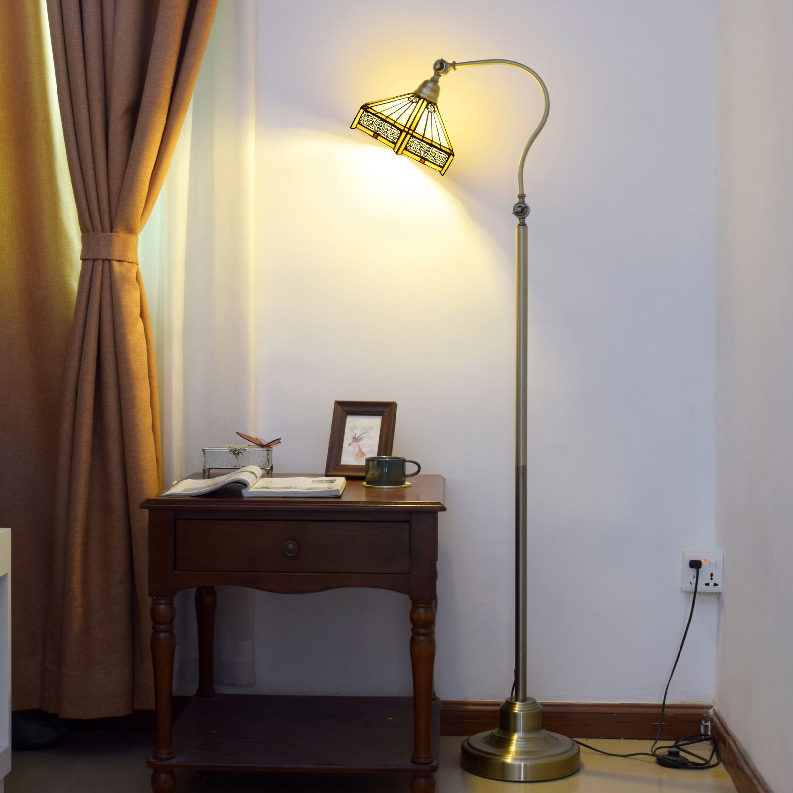 Blivuself Tiffany 10-Inch Hexagonal Copper Net Pure Hand-Made Colored Glass Lamp Shade Metal Downward Floor Lamp Vertical Adjustable Led Reading Light Modern Light Luxury Art Home Decoration 10-Inch Hexagonal Chinese - Downward Floor Lamp Suitable For Bedroom Living Room Office Study Corridor Cafe OFCP1023