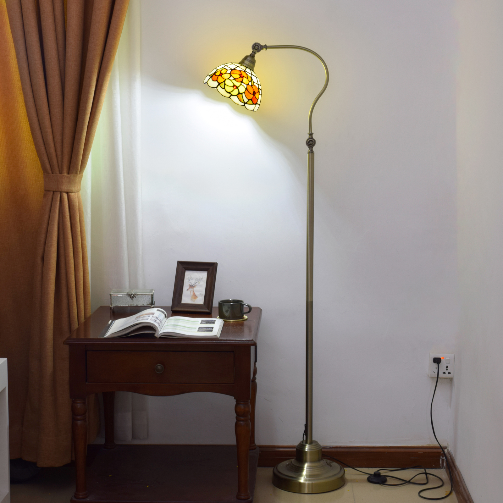Blivuself Tiffany 8-Inch Orange Morning Glory Handmade Stained Glass Lamp Shade Metal Downward Floor Lamp Vertical Adjustable Led Reading Light Modern Light Luxury Art Home Decoration 8-Inch Rich Flower - Downward Floor Lamp Suitable For Bedroom Living Room Office Study Corridor Cafe  OFCP1026