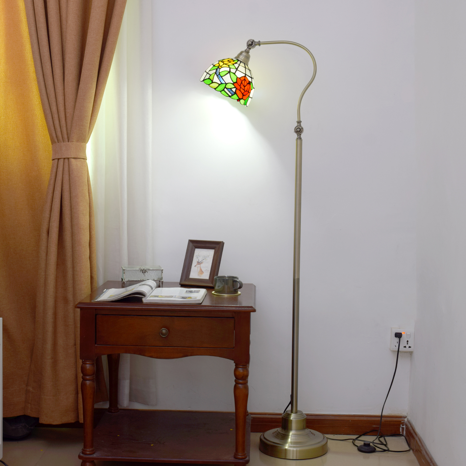 Blivuself Tiffany Victorian Design 8-Inch Red And Yellow Two-Color Rose Handcrafted Stained Glass Lampshade Metal Downward Floor Lamp Vertical Adjustable Led Reading Light Retro Art Home Decoration 8-Inch Two-Color Rose - Downward Floor Lamp Suitable For Bedroom Living Room Office Study Corridor Cafe, Etc. OFCP1028