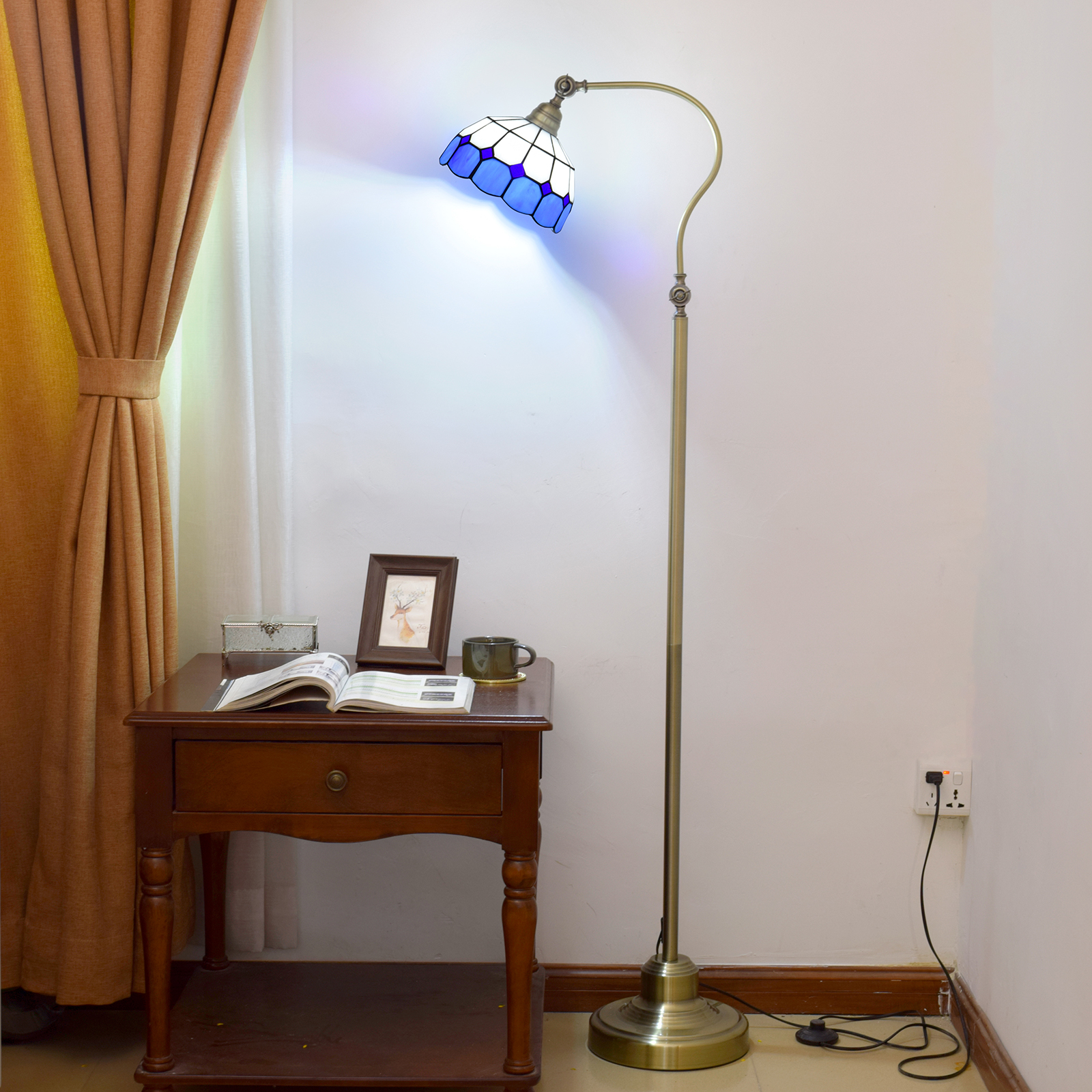 Blivuself Tiffany Modern Style Design 8-Inch Blue Plaid Hand-Made Colored Glass Lamp Shade, Metal Floor Lamp Vertical Downward Adjustable Exquisite Crafts, Home Decoration For Bedroom Living Room Office Study And Other 8-Inch Blue And White Plaid - Downward Floor Lamp OFCP1038