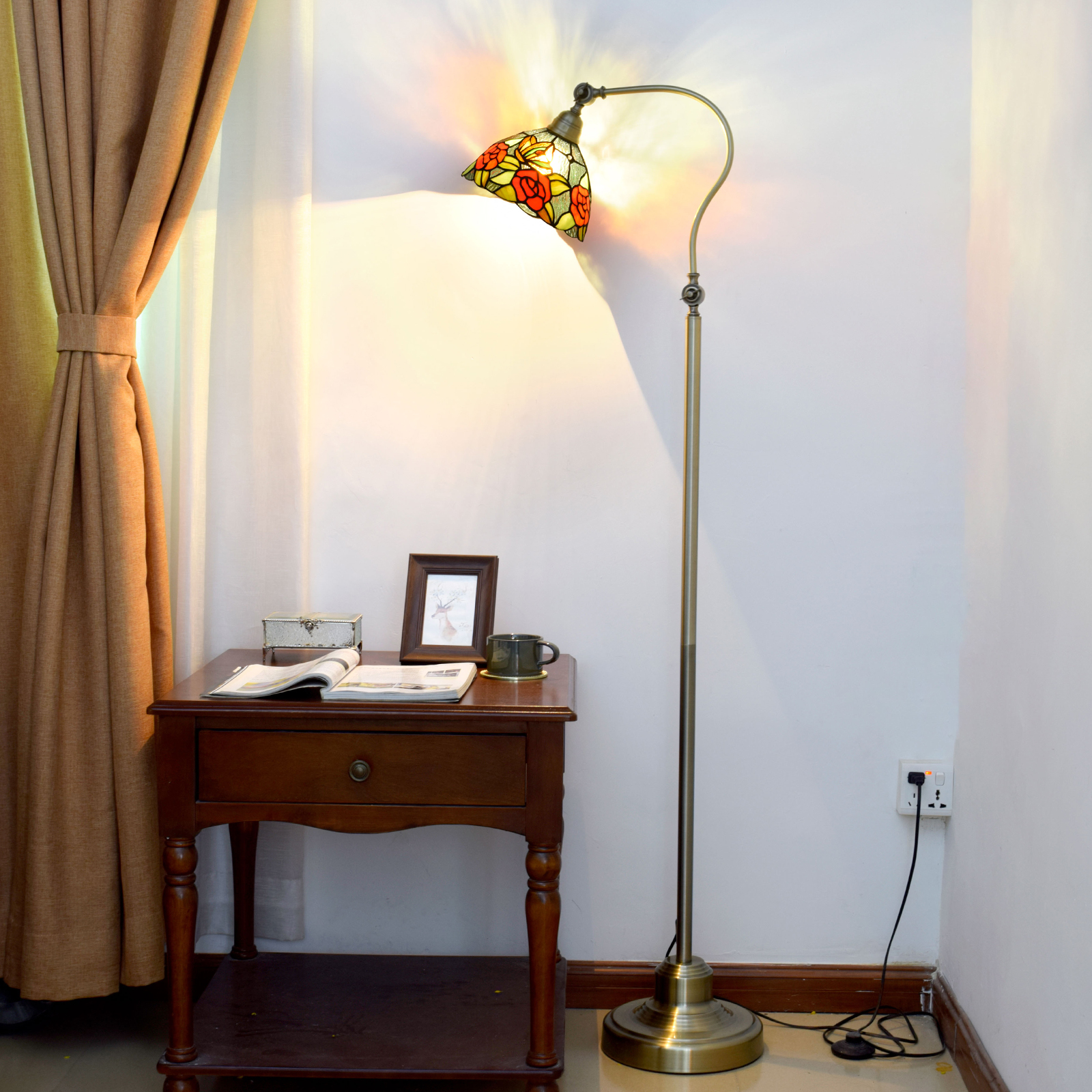 Blivuself Tiffany Retro Pastoral Design 8-Inch Butterfly Red Rose Handmade Stained Glass Lampshade, Metal Floor Lamp Vertical Downward Adjustable Rural Traditional Arts And Crafts For Bedroom Living Room Office Study Etc. 8-Inch Rose Butterfly - Downward Floor Lamp OFCP1042