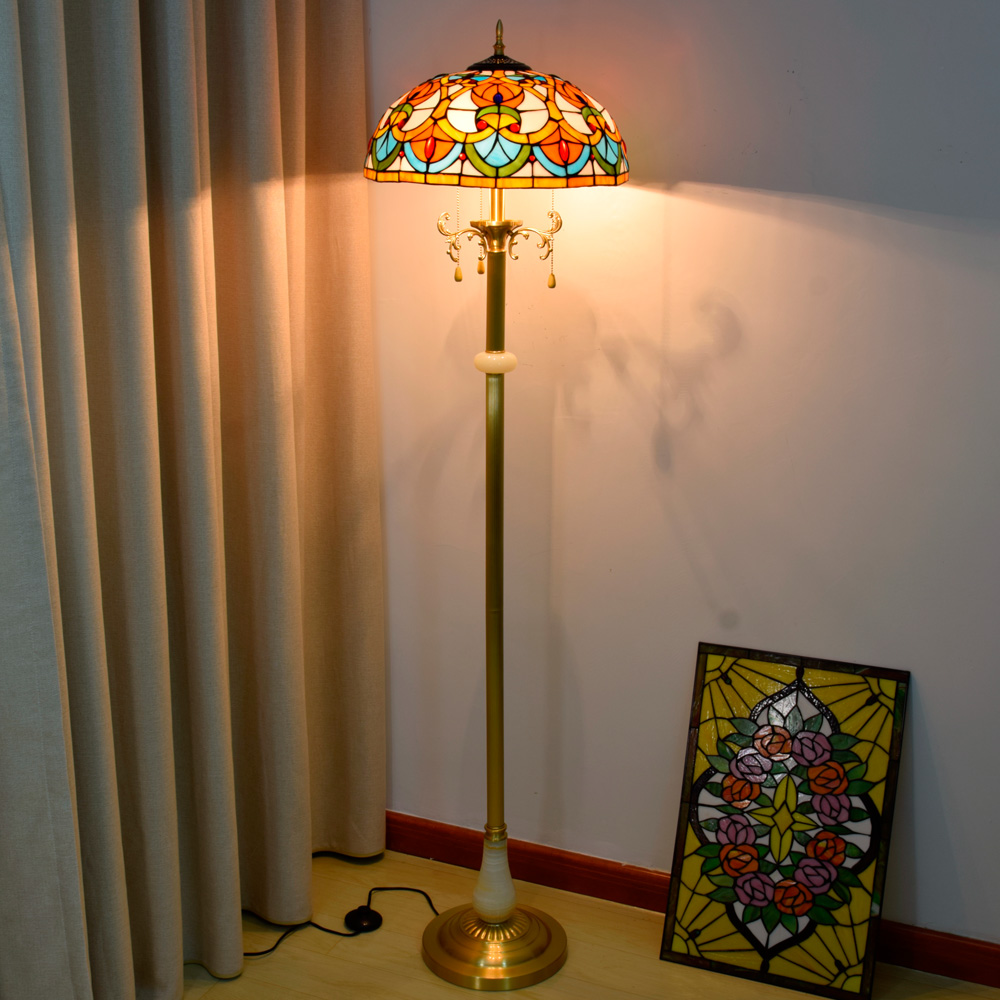 Blivuself Tiffany Floor Lamp European Retro Design 16 Inches Orange Heart Bead Floor Lamp Handmade Stained Glass Lamp Shade, Brass Material Base, European Classical Art, Light Luxury Style Home Decoration, Indoor Lighting Suitable For Bedroom, Living Room, Office, Study, Etc. 16 Inches Heart Bead Jade Copper Floor Lamp OFCP1002 
