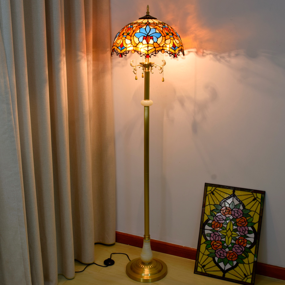 Blivuself Tiffany Floor Lamp Victoria Court Design 16 Inch Brown Love Bead Floor Lamp Handmade Stained Glass Lampshade, Brass Material Base, Antique Home Decoration, Interior Lighting Suitable For Bedroom Living Room Office Study 16 Inch Love Bead - Jade Copper Floor Lamp - Dragon Tail OFCP1003