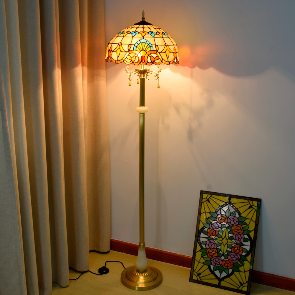 Blivuself Tiffany Floor Lamp Victoria Court Design 16 Inch Yellow Baroque Floor Lamp Handmade Stained Glass Lampshade, Brass Material Base, Antique Home Decoration, Interior Lighting Is Suitable For Bedroom, Living Room, Office, Study And Other 16 Inch Baroque Jade Copper Floor Lamp OFCP1004