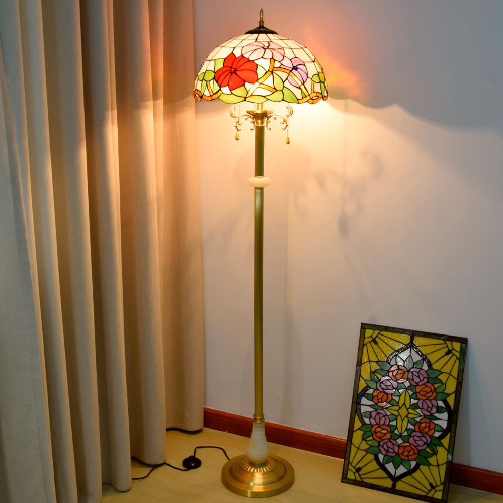 Blivuself Tiffany Floor Lamp Rural Retro Style Design 16 Inch Pink Purple Red Three Color Morning Glory Floor Lamp Handmade Stained Glass Lamp Shade, Brass Material Base, Traditional Crafts, Indoor Lighting For Bedroom Living Room Office Study 16 Inch Morning Glory - Jade Copper Floor Lamp - Three Color Flower OFCP1005