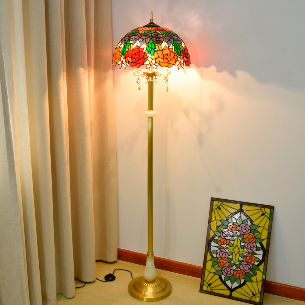 Blivuself Tiffany Floor Lamp Traditional European Style Design 16 Inch Deep Purple Double Color Rose Floor Lamp Handmade Stained Glass Lampshade, Brass Material Base, Light Luxury Palace Retro Style Home Decoration, Indoor Lighting Is Suitable For Bedroom Living Room Office Study 16 Inch Black Bottom Rose Jade Copper Floor Lamp OFCP1008