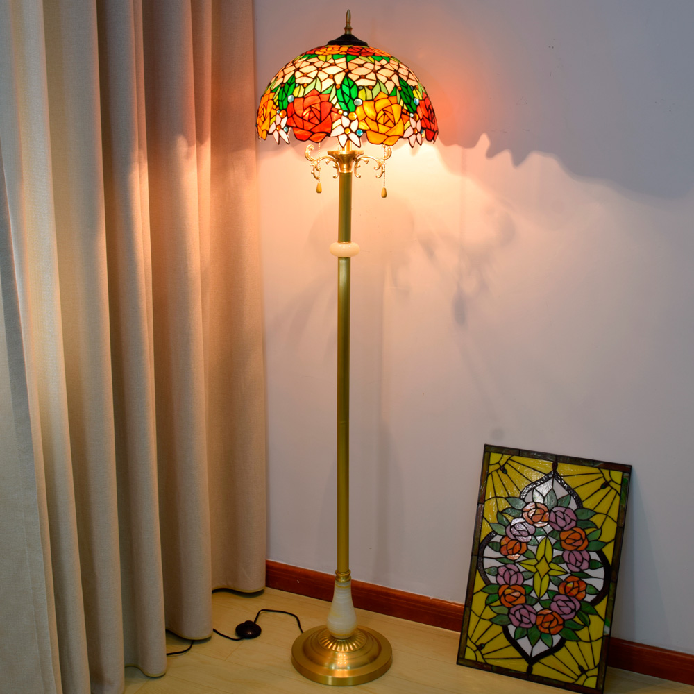 Blivuself Tiffany Floor Lamp Traditional European Style Design 16 Inch Orange Red Double Color Rose Floor Lamp Handmade Stained Glass Lampshade, Brass Material Base, Light Luxury Palace Retro Style Home Decoration, Indoor Lighting Is Suitable For Bedroom Living Room Office Study 16 Inch Gorgeous Rose Jade Copper Floor Lamp OFCP1009