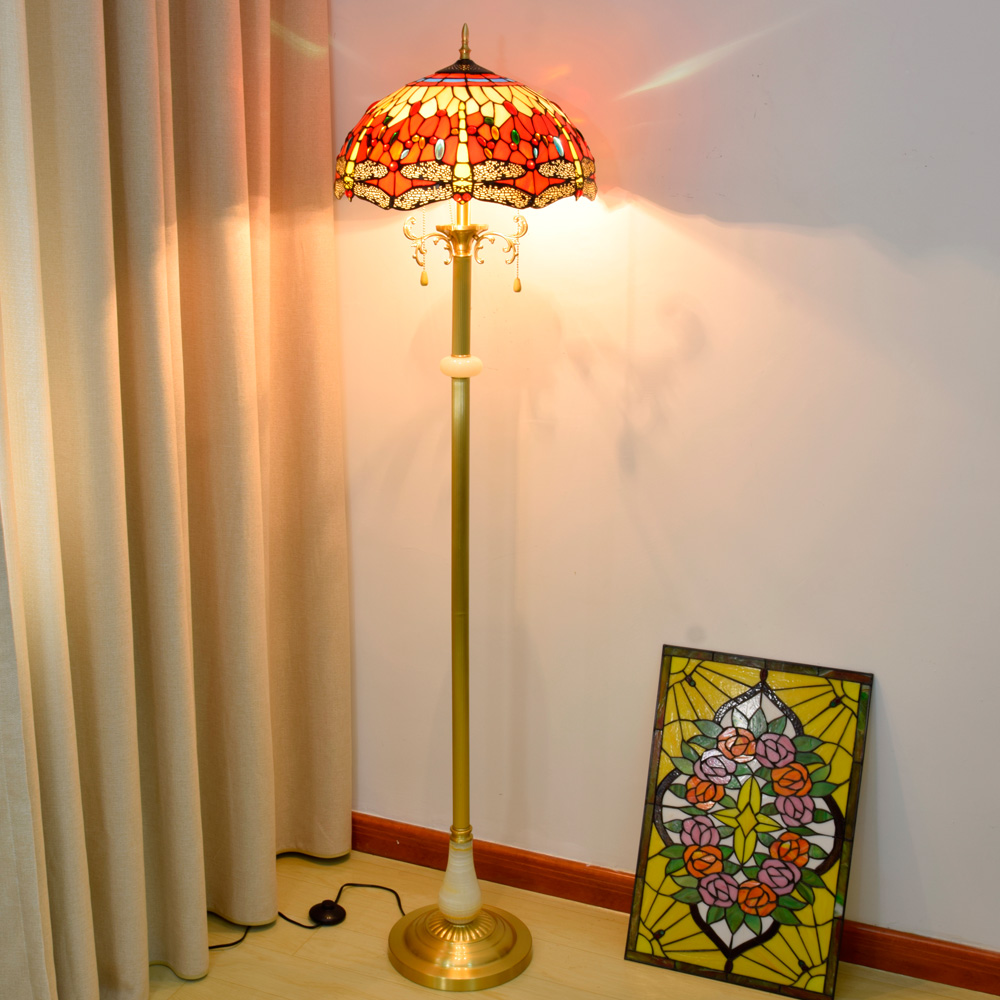 Blivuself Tiffany Floor Lamp Garden Dragonfly Style Design 16 Inches Red Dragonfly Floor Lamp Handmade Stained Glass Lamp Shade, Brass Material Base, Traditional Retro Style Home Decoration, Indoor Lighting For Bedroom Living Room Office Study 16 Inches Red Dragonfly - Jade Copper Floor Lamp OFCP1010