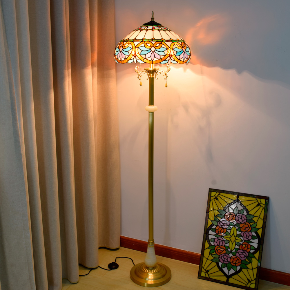 Blivuself Tiffany Floor Lamp Victorian Style Design 16 Inches Blue Love Floor Lamp Handmade Stained Glass Lamp Shade, Brass Material Base, Traditional Retro Style Home Decoration, Indoor Lighting Suitable For Bedroom Living Room Office Study 16 Inches Blue Love - Jade Copper Floor Lamp OFCP1016