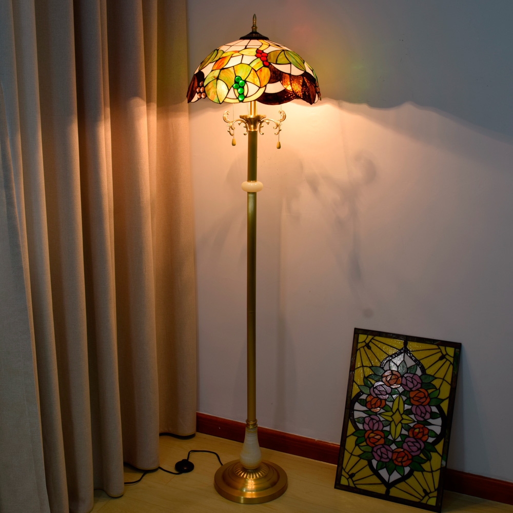 Blivuself Tiffany Floor Lamp European Traditional Retro Style Design 16 Inch Grape Floor Lamp Handmade Colored Glass Lamp Shade, Brass Material Base, Classical Style Home Decoration, Indoor Lighting For Bedroom Living Room Office Study, Etc. 16 Inch Brown Grape - Jade Copper Floor Lamp OFCP1017