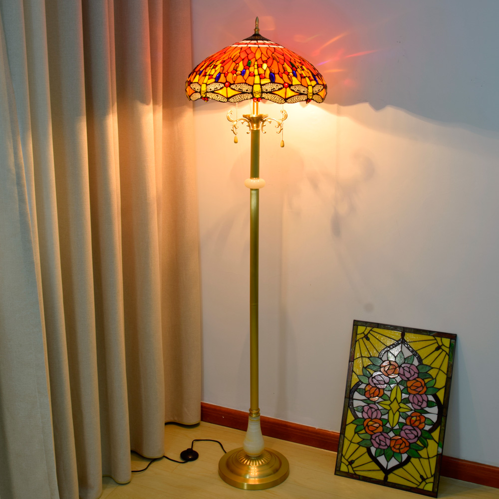 Blivuself Tiffany Floor Lamp Pastoral Dragonfly Style Design 18 Inches Red Background Yellow Dragonfly Floor Lamp Handmade Colored Glass Lamp Shade, Brass Material Base, Traditional Pastoral Style Home Decoration, Indoor Lighting For Bedroom Living Room Office Study 18 Inches Red Dragonfly - Jade Copper Floor Lamp OFCP1020