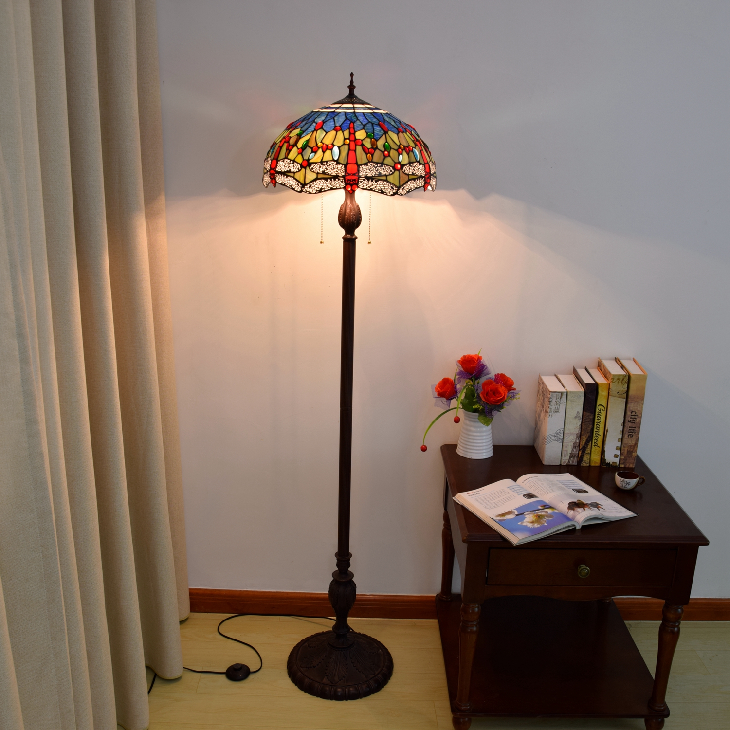 Blivuself Tiffany Floor Lamp Garden Dragonfly Design 16 Inches Blue Bottom Dragonfly Hand-Made Stained Glass Lampshade, Indoor Lighting Retro Garden Style Classical Art Home Decoration For Bedroom Living Room Office Study And Other OFCP1019