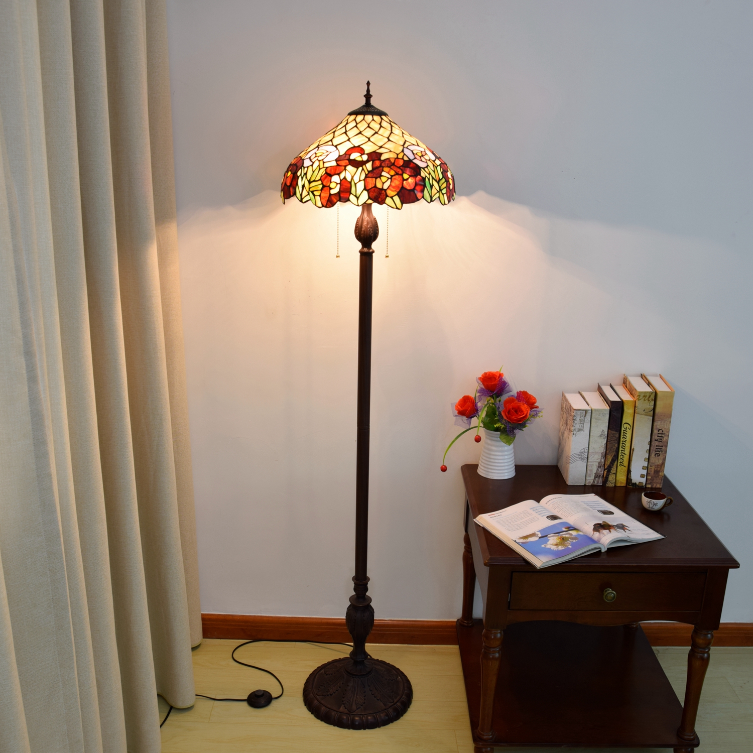 Blivuself Tiffany Floor Lamp European Retro Traditional Design 16 Inches Clematis Hand-Made Stained Glass Lamp Shade, Indoor Lighting Light Luxury Style Classical Art Home Decoration For Bedroom Living Room Office Study, Etc. OFCP1018