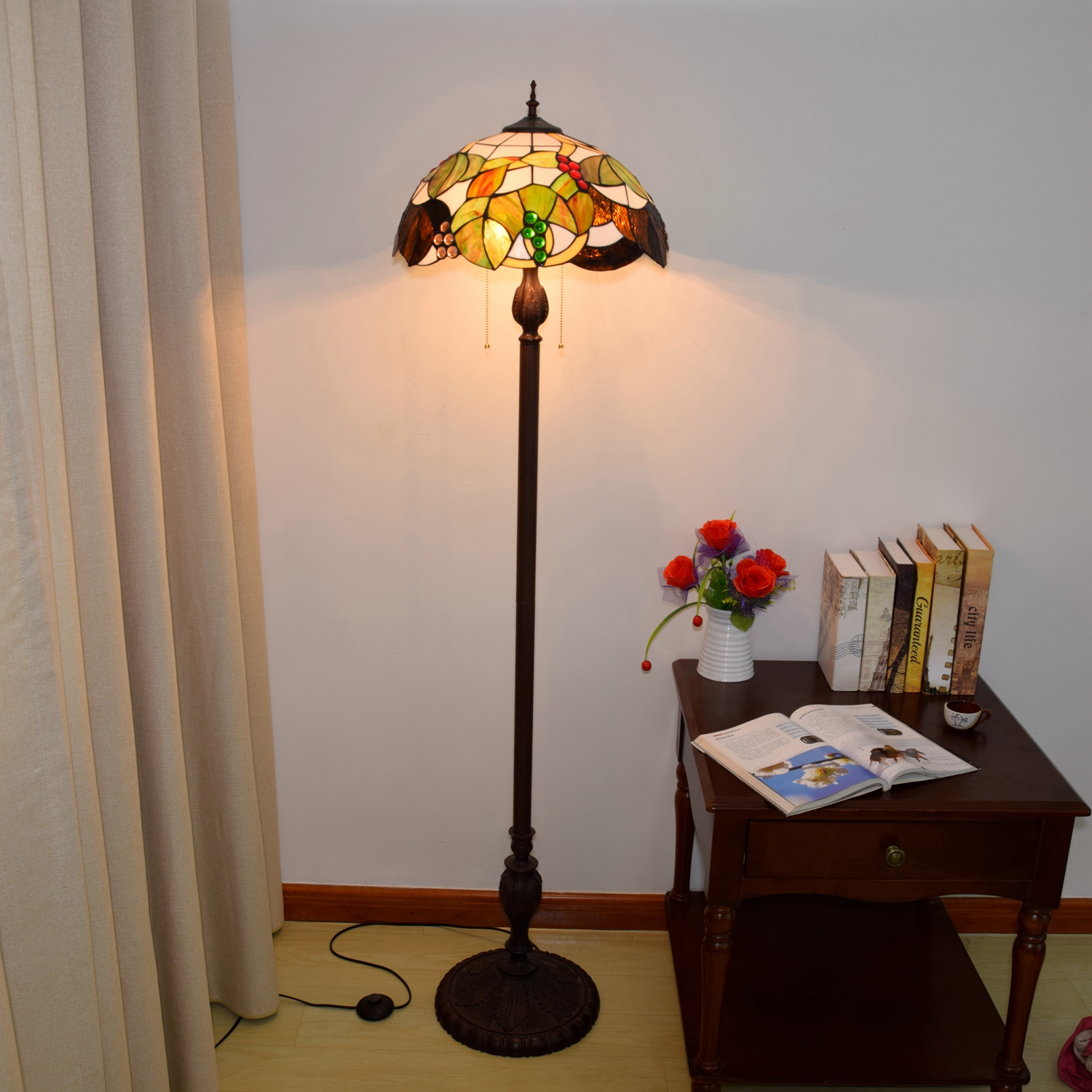 Blivuself Tiffany Floor Lamp European Retro Traditional Design 16 Inches Brown Grapes Hand-Made Stained Glass Lamp Shade, Indoor Lighting Light Luxury Style Classical Art Home Decoration Suitable For Bedroom Living Room Office Study  OFCP1016