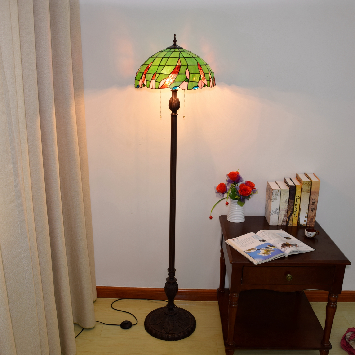 Blivuself Tiffany Floor Lamp Victorian Style Design 16 Inch Green Beads Handmade Stained Glass Lamp Shade, Indoor Lighting Country Style Classical Art Home Decoration For Bedroom Living Room Office Study, Etc. OFCP1015