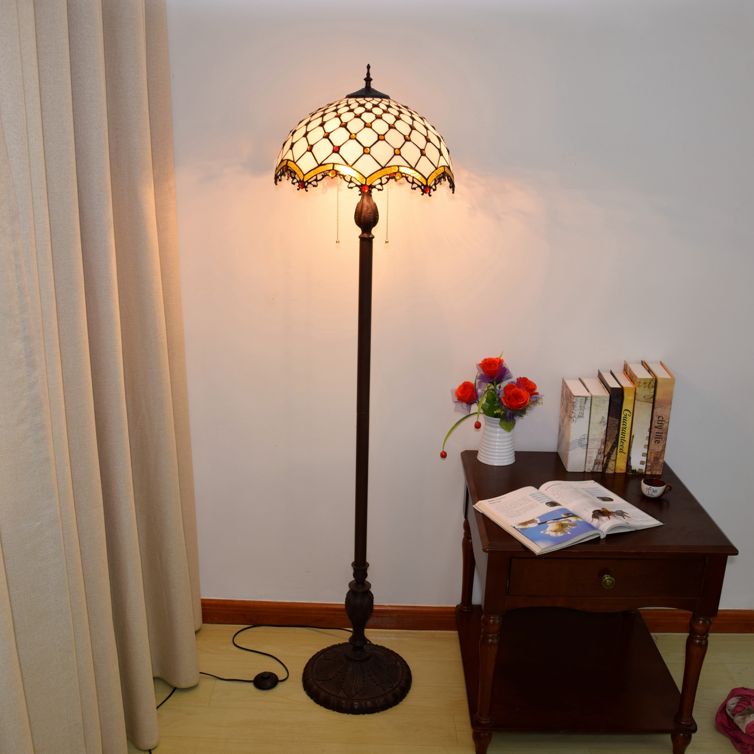 Blivuself Tiffany Floor Lamp Bohemian Style Design 16 Inches Brown Cross Beads Handmade Colored Glass Lamp Shade, Indoor Lighting Europe And The United States Light Luxury Style Classical Art Home Decoration For Bedroom Living Room Office Study, Etc. OFCP1014