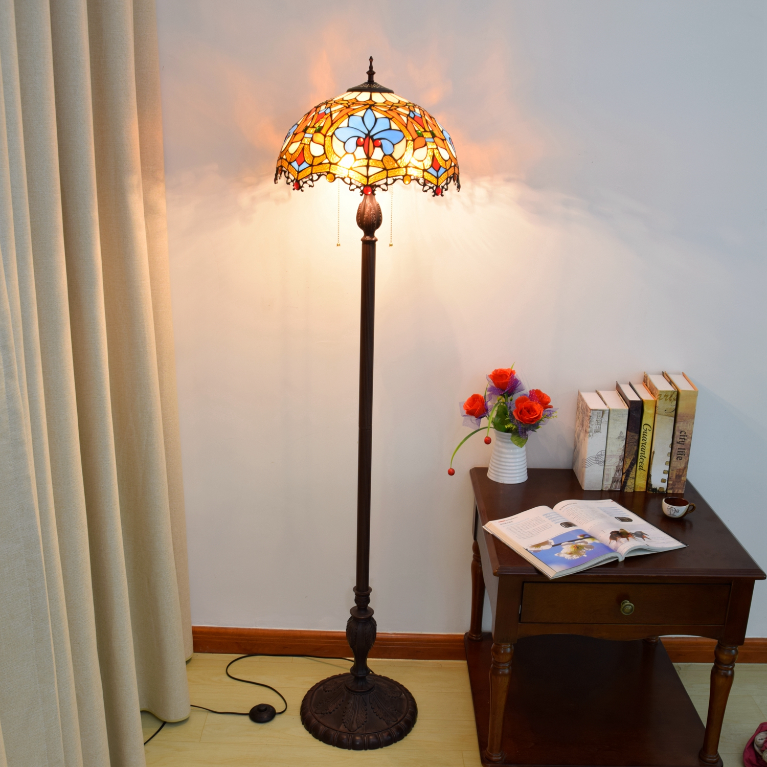 Blivuself Tiffany Floor Lamp Retro Light Luxury Style Design 16 Inches Brown Love Beads Dragon Tail Handmade Colored Glass Lamp Shade, Indoor Lighting European And American Style Classical Art Home Decoration Suitable For Bedroom Living Room Office Study OFCP1013