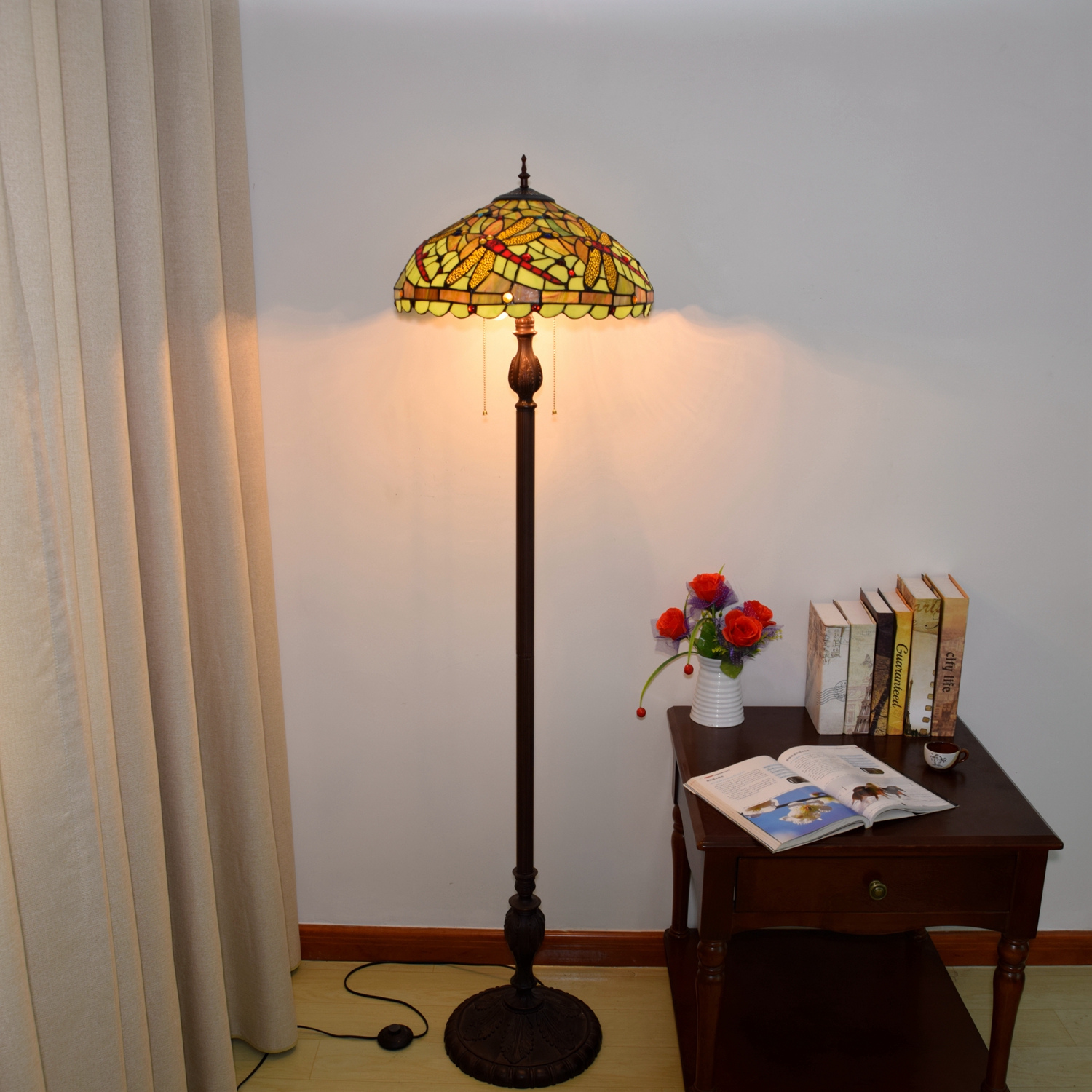 Blivuself Tiffany Floor Lamp Medieval Country Style Design 16 Inch Green Bottom Dragonfly Hand-Made Colored Glass Lamp Shade, Indoor Lighting Traditional Antique Craft Classical Art Home Decoration For Bedroom Living Room Office Study, Etc. OFCP1012
