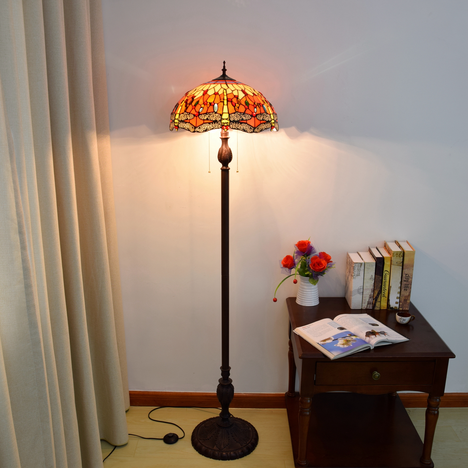 Blivuself Tiffany Floor Lamp Medieval Country Dragonfly Style Design 16 Inches Red Dragonfly Hand-Made Stained Glass Lampshade, Indoor Lighting Antique Craft Classical Art Home Decoration Suitable For Bedroom Living Room Office Study, Etc. OFCP1011