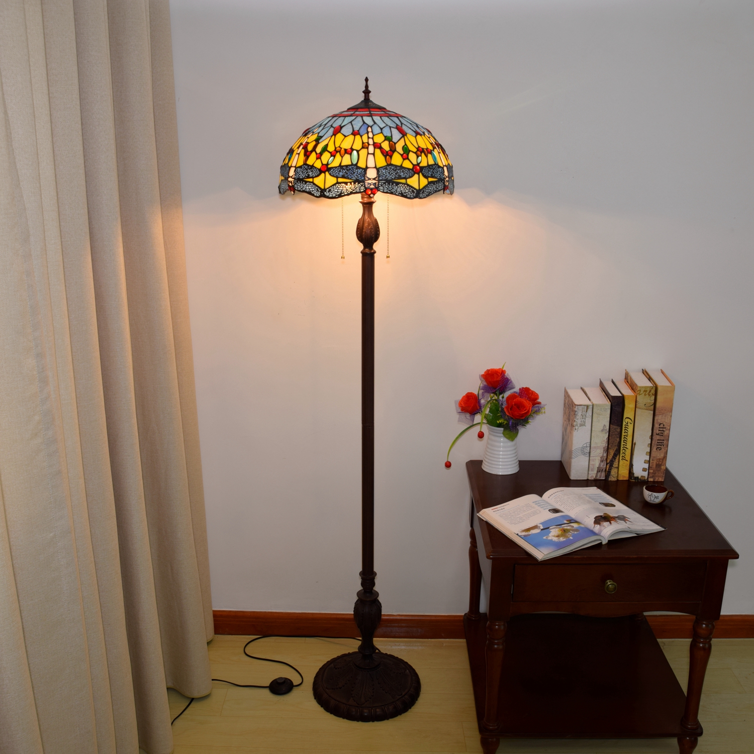 Blivuself Tiffany Floor Lamp Medieval Country Dragonfly Style Design 16 Inches Yellow Bottom Dragonfly Hand-Made Stained Glass Lampshade, Indoor Lighting Antique Craft Classical Art Home Decoration Suitable For Bedroom Living Room Office Study, Etc. OFCP1010