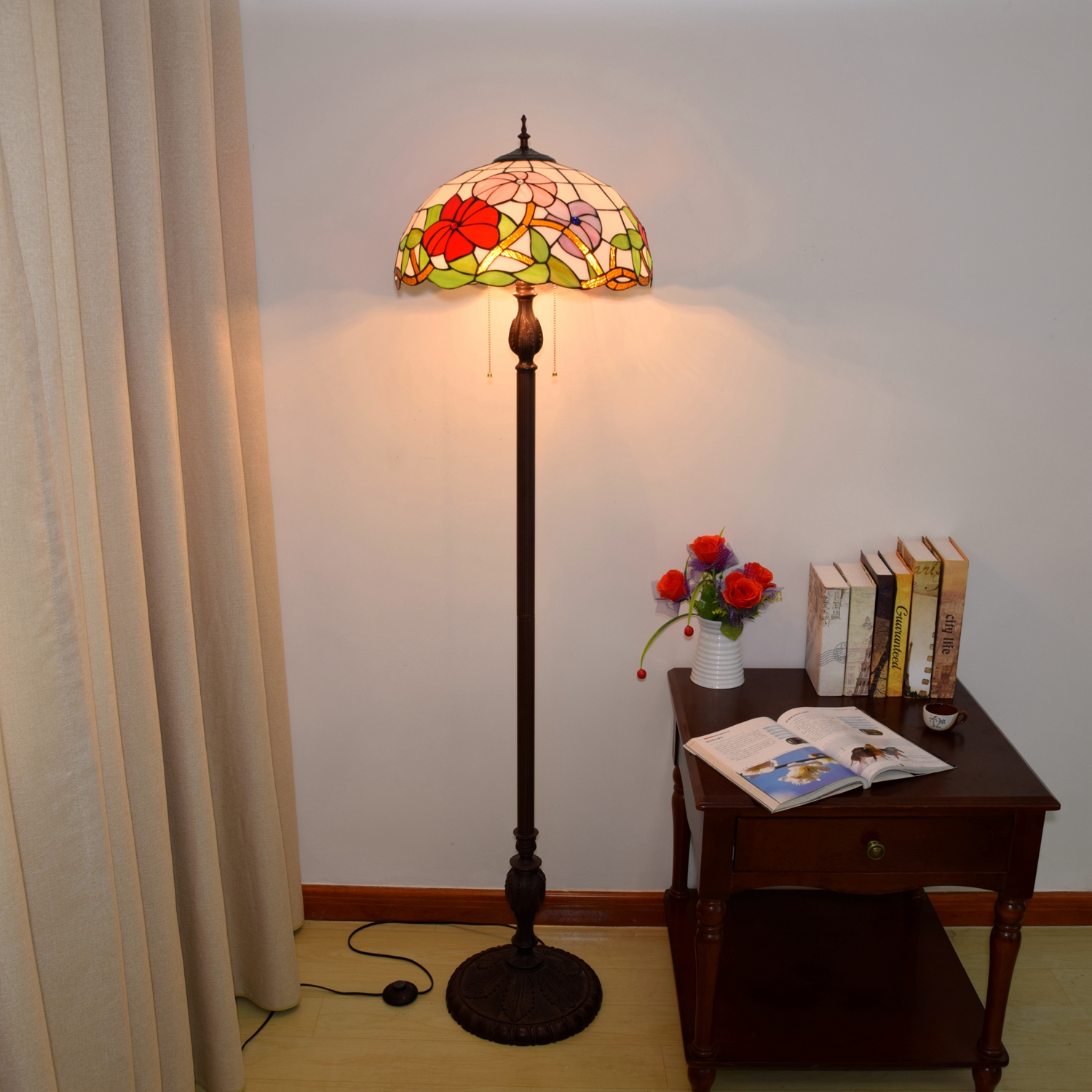 Blivuself Tiffany Floor Lamp European Court Style Design 16 Inch Pink And Purple Three-Color Morning Glory Handmade Stained Glass Lampshade, Indoor Lighting Retro Light Luxury Medieval Classical Art Home Decoration For Bedroom Living Room Office Study OFCP1008
