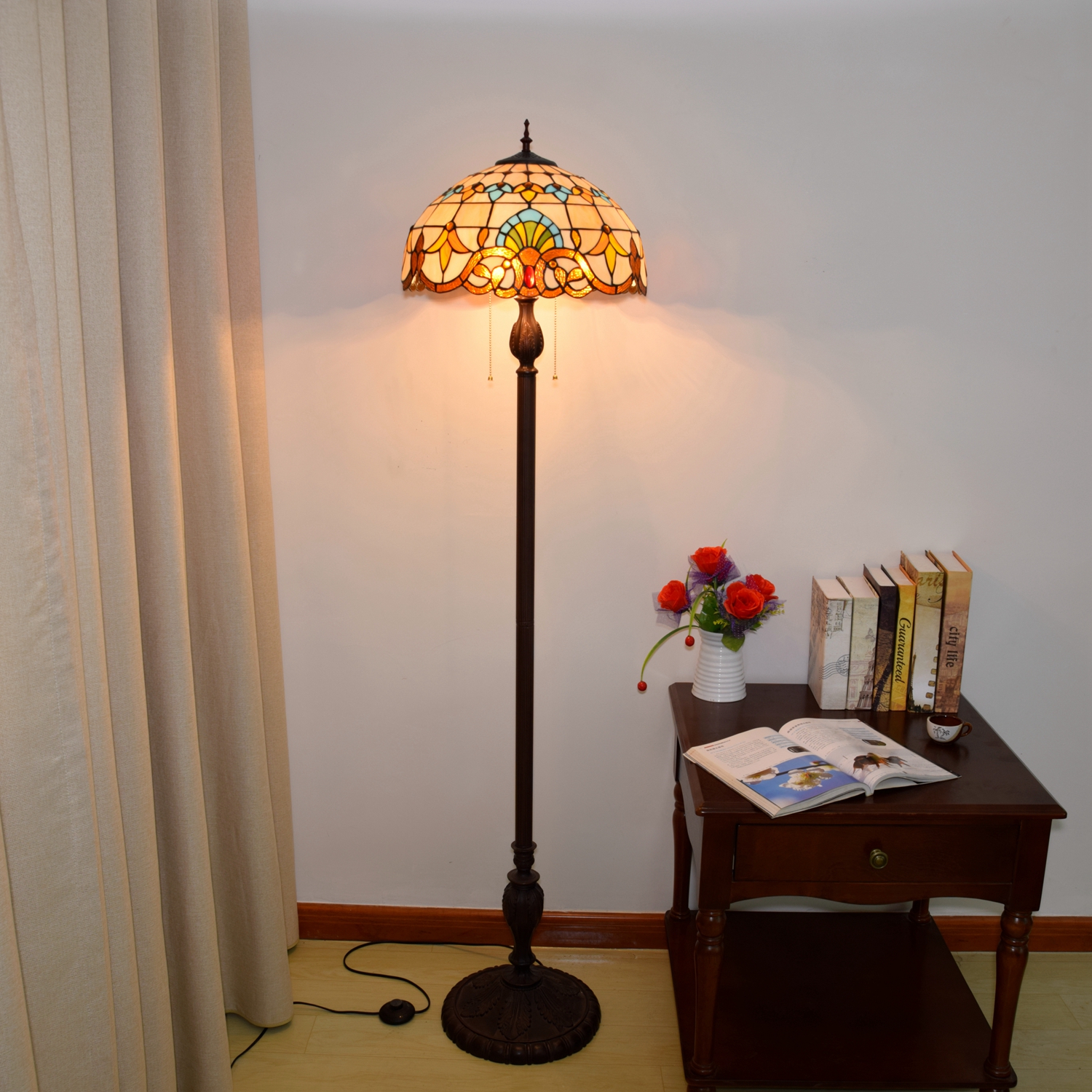 Blivuself Tiffany Floor Lamp European Court Style Design 16 Inches Yellow Baroque Hand-Made Colored Glass Lamp Shade, Indoor Lighting Retro Light Luxury Medieval Classical Art Home Decoration Suitable For Bedroom Living Room Office Study OFCP1007