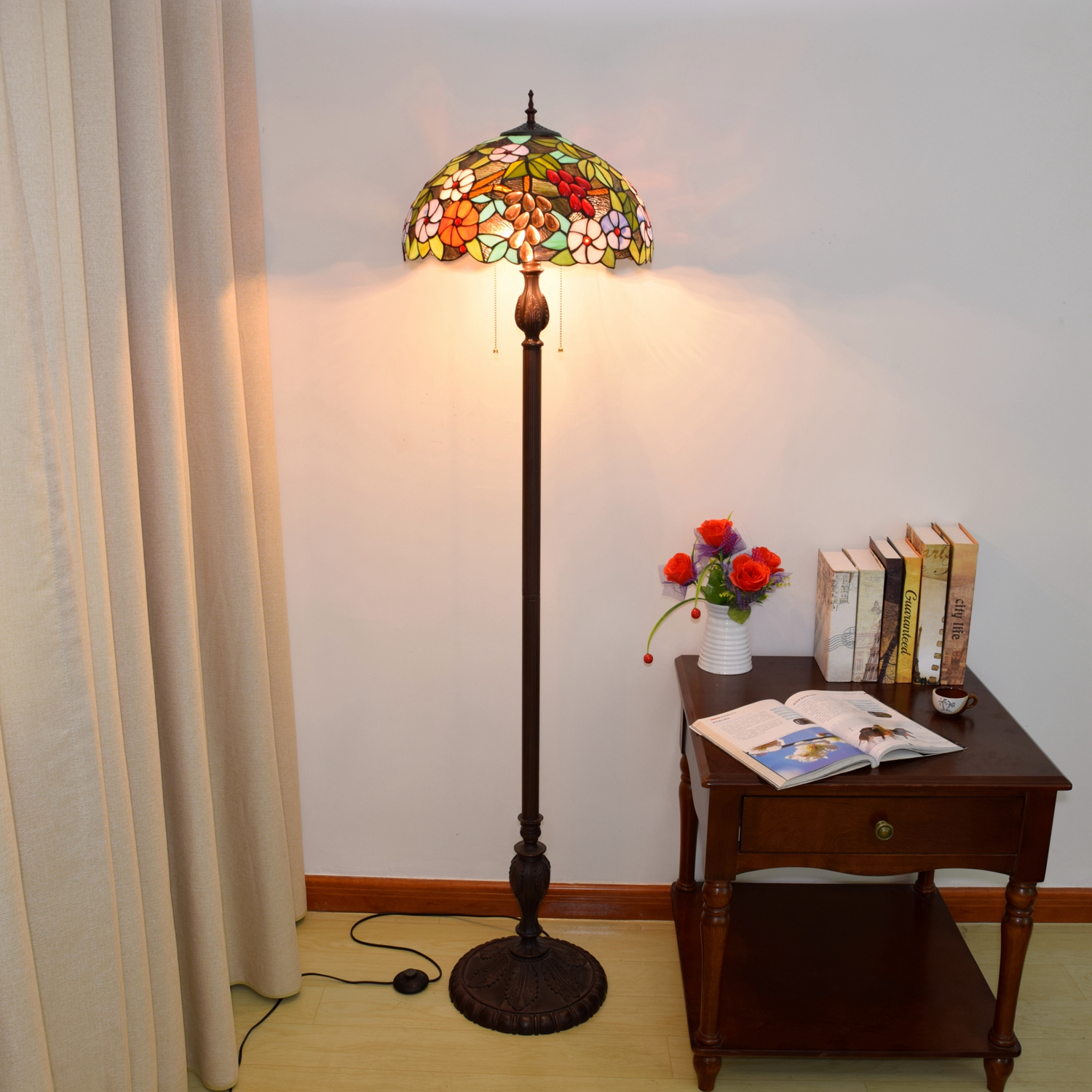 Blivuself Tiffany Floor Lamp European Country Style Design 16 Inches Grape Flower Hand-Made Stained Glass Lamp Shade, Indoor Lighting Retro Medieval Classical Art Home Decoration For Bedroom Living Room Office Study, Etc. OFCP1005